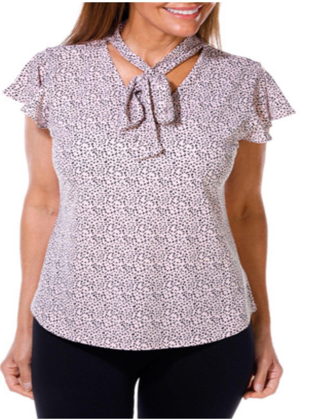 NWT Adrianna papell Tie-Neck Short Sleeve Top in Light Pink Animal Print Size M